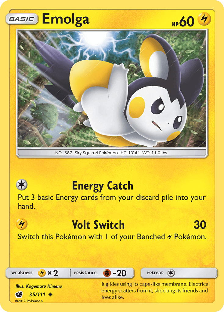 Emolga (35/111) [Sun & Moon: Crimson Invasion] card featuring abilities Energy Catch and Volt Switch.