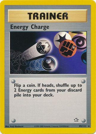 Energy Charge (85/111) [Neo Genesis Unlimited] trainer card showing energy manipulation and game mechanics.