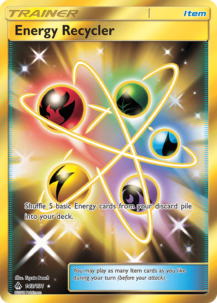 Energy Recycler (143/131) [Sun & Moon: Forbidden Light] card featuring energy types and text details.