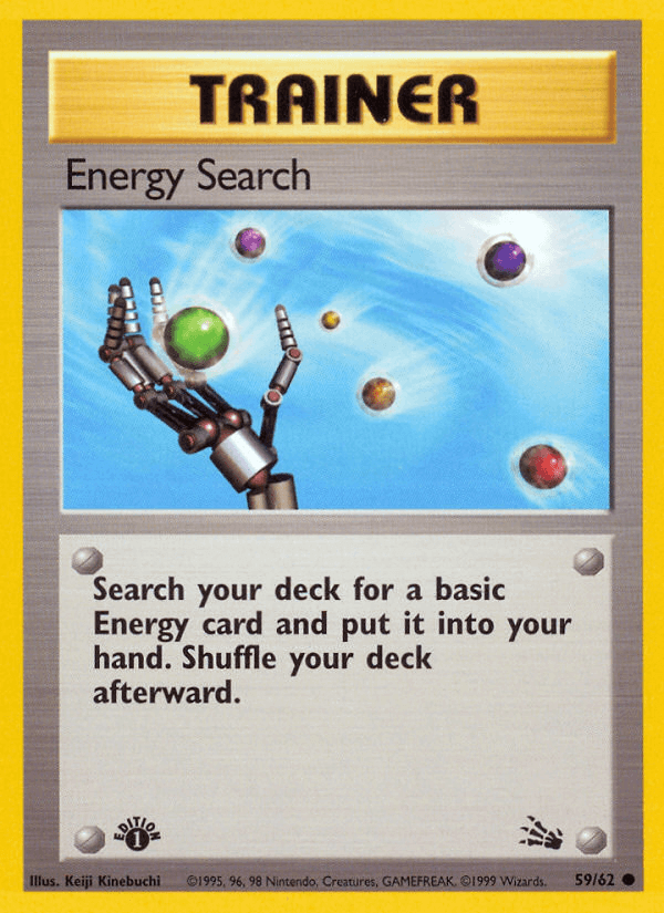 Energy Search (59/62) [Fossil 1st Edition] Trainer card with Energy orbs in a deck search illustration.