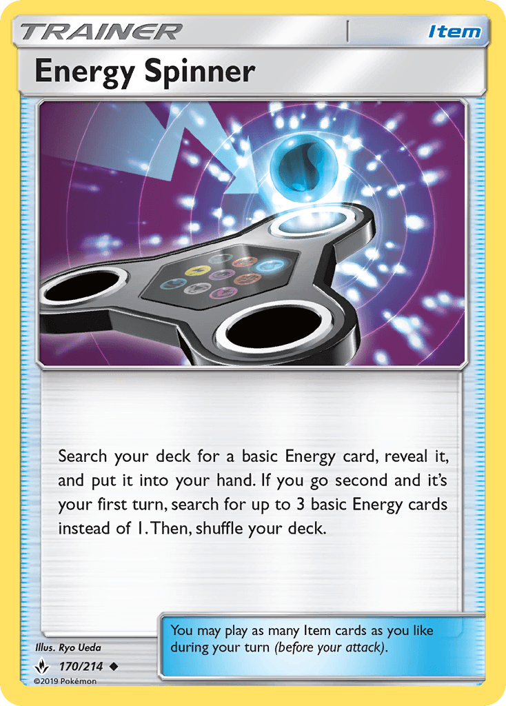 Energy Spinner (170/214) [Sun & Moon: Unbroken Bonds] card featuring item details and game instructions.