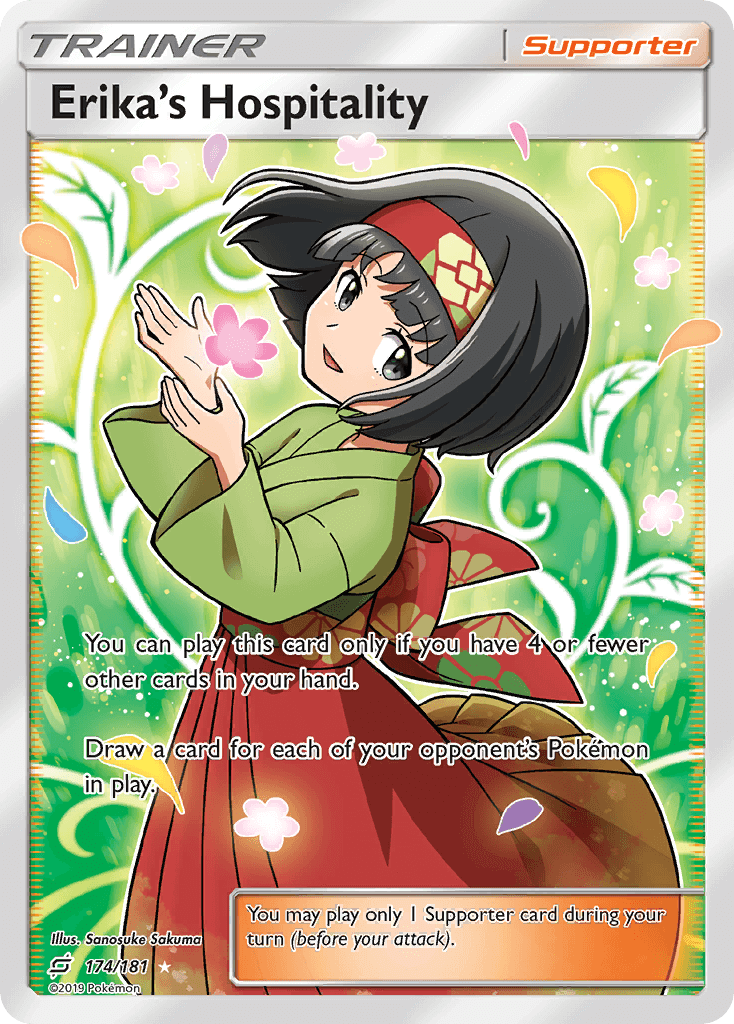 Illustration of Erika's Hospitality (174/181) [Sun & Moon: Team Up], a Supporter card with vibrant artwork.
