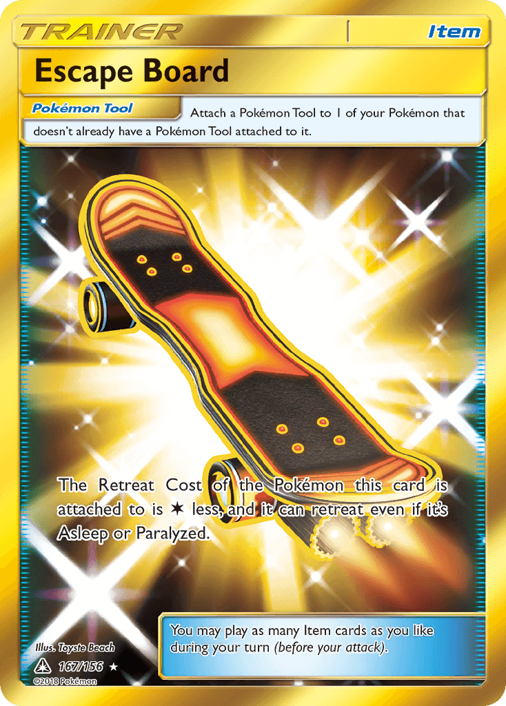 Escape Board (167/156) [Sun & Moon: Ultra Prism] card showcasing its Secret Rare Pokémon Tool attributes.