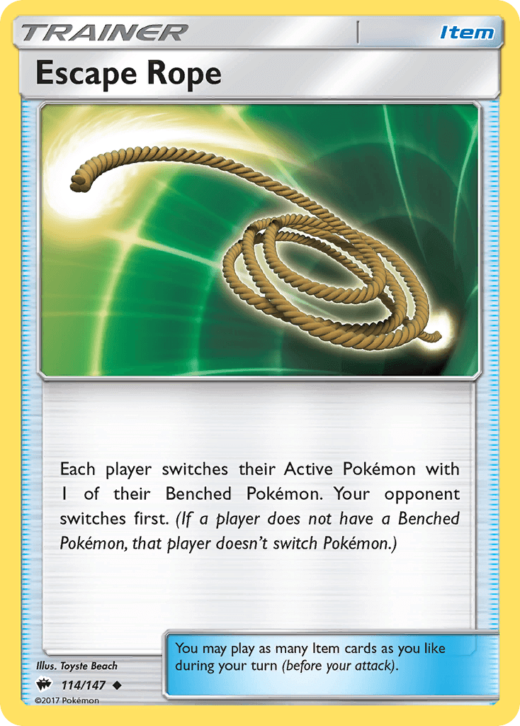 Escape Rope (114/147) [Sun & Moon: Burning Shadows] card illustration featuring a rope and game instructions.
