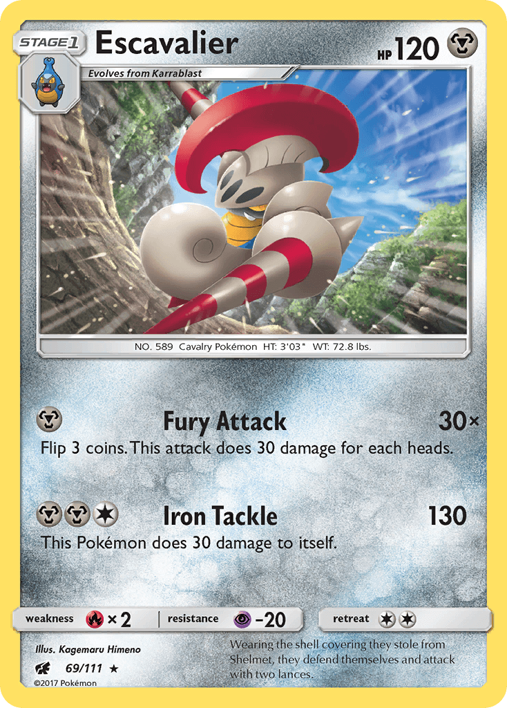 Escavalier (69/111) [Sun & Moon: Crimson Invasion] card showcasing Fury Attack and Iron Tackle moves.