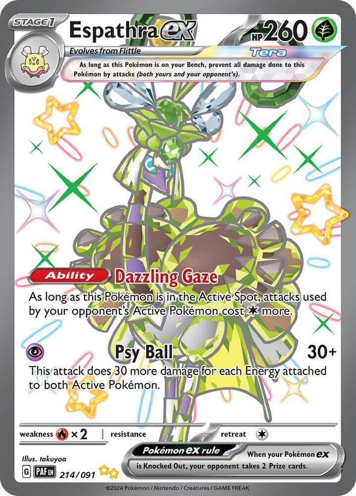 Espathra ex (214/091) [Scarlet & Violet: Paldean Fates] card showcasing its abilities and attributes.