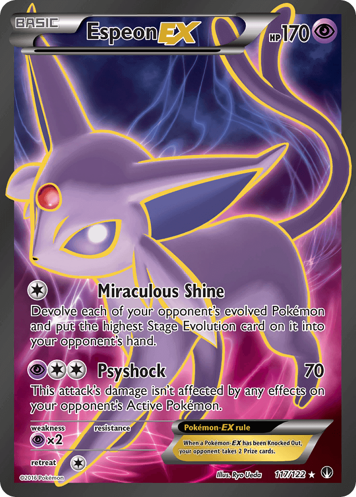 Espeon EX (117/122) [XY: BREAKpoint] card with Miraculous Shine and Psyshock attack effects.