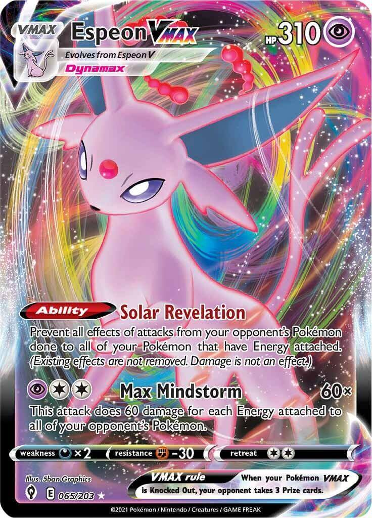 Espeon VMAX (065/203) [Sword & Shield: Evolving Skies] featuring Solar Revelation and Max Mindstorm abilities.