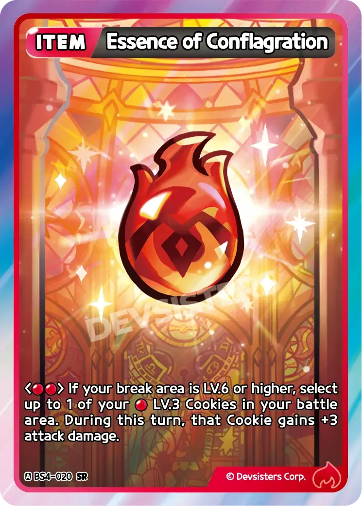 Essence of Conflagration (BS4-020) SR – Shining Resonance | Cookie Run TCG Super Rare Card with fiery artwork.