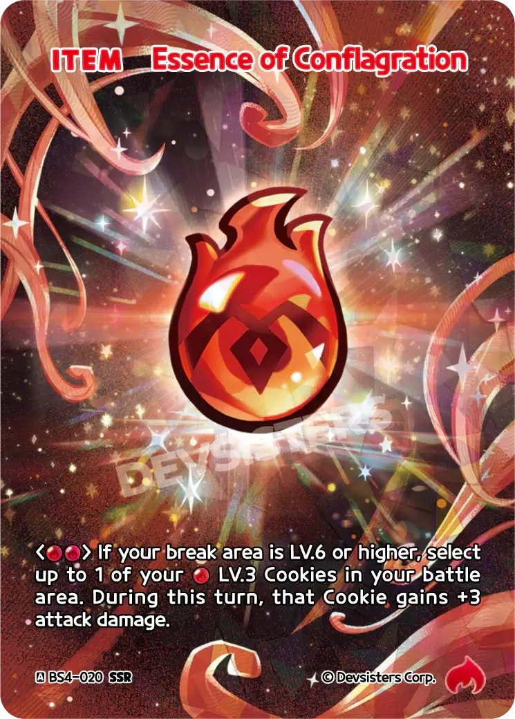 Essence of Conflagration BS4-020 SSR | Super Secret Rare Card showcasing vibrant fire-themed artwork.