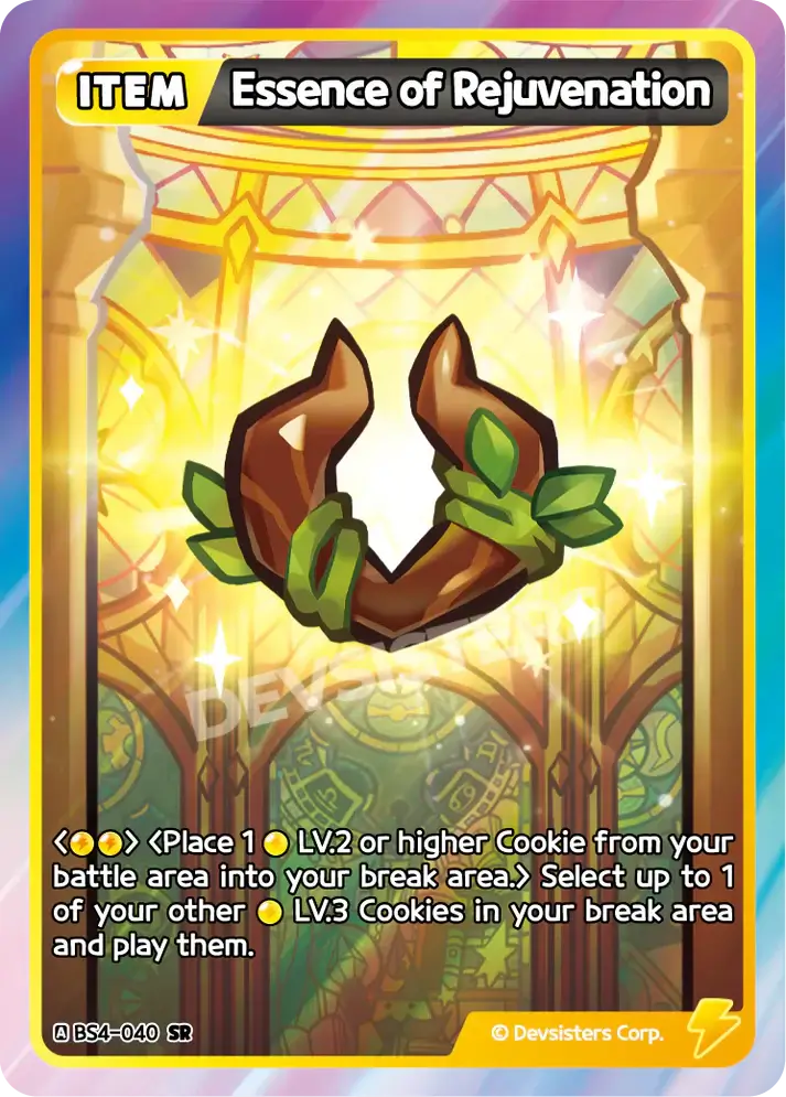 Essence of Rejuvenation (BS4-040) SR – Brave Sweet | Cookie Run TCG Super Rare Card featuring a vibrant design and gameplay details.