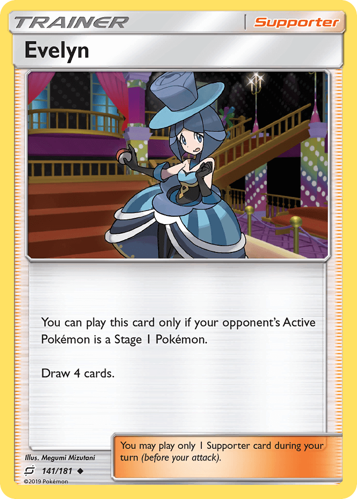 Evelyn (141/181) [Sun & Moon: Team Up] Supporter card showcasing colorful artwork and gameplay instructions.
