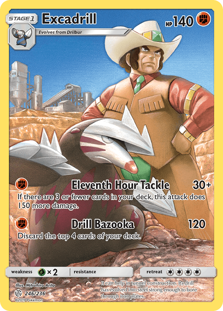 Excadrill (246/236) [Sun & Moon: Cosmic Eclipse] card featuring moves like Eleven Hour Tackle and Drill Bazooka.