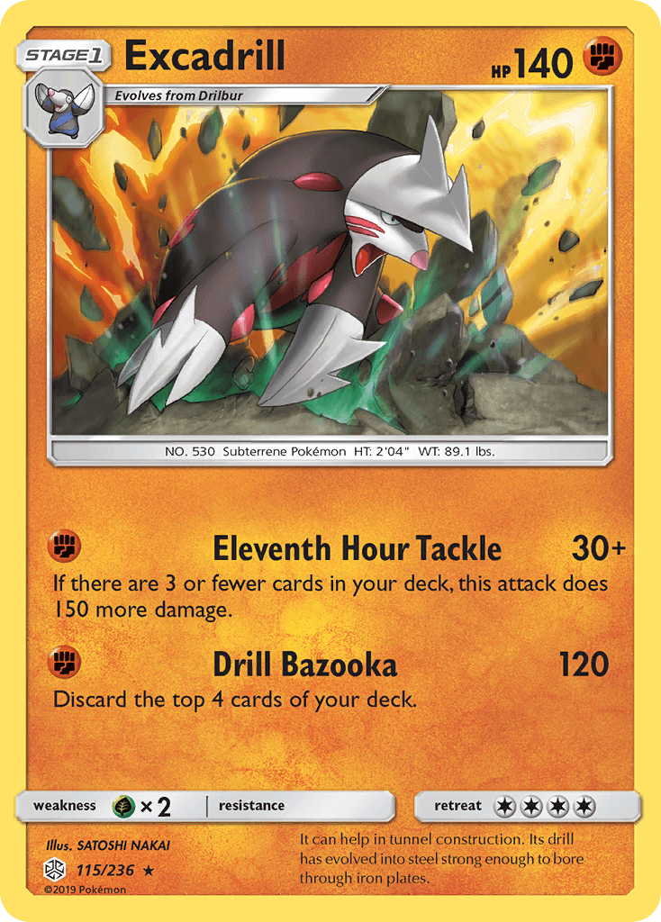 Excadrill (115/236) [Sun & Moon: Cosmic Eclipse] Holo Rare card featuring Eleventh Hour Tackle and Drill Bazooka moves.