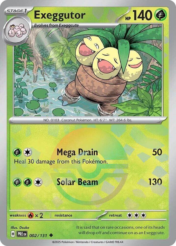 Exeggutor (002/131) (Poke Ball Pattern) [Scarlet & Violet: Prismatic Evolutions] card featuring Mega Drain and Solar Beam.