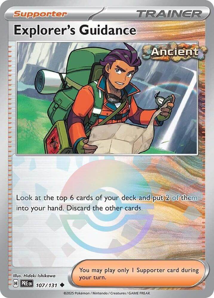 Explorer's Guidance (107/131) (Poke Ball Pattern) [Scarlet & Violet: Prismatic Evolutions] card featuring a trainer.