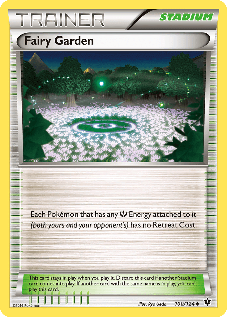 Fairy Garden (100/124) [XY: Fates Collide] Stadium card featuring lush greenery and energy symbols.
