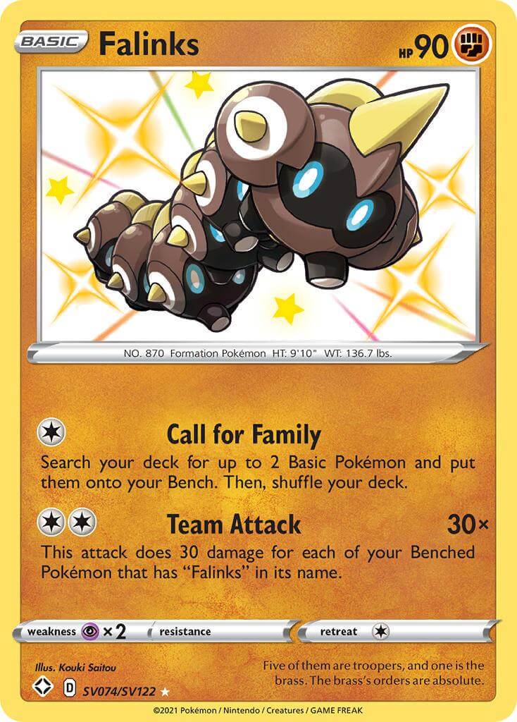 Falinks (SV074/SV122) [Sword & Shield: Shining Fates] card with HP 90 and moves Call for Family and Team Attack.