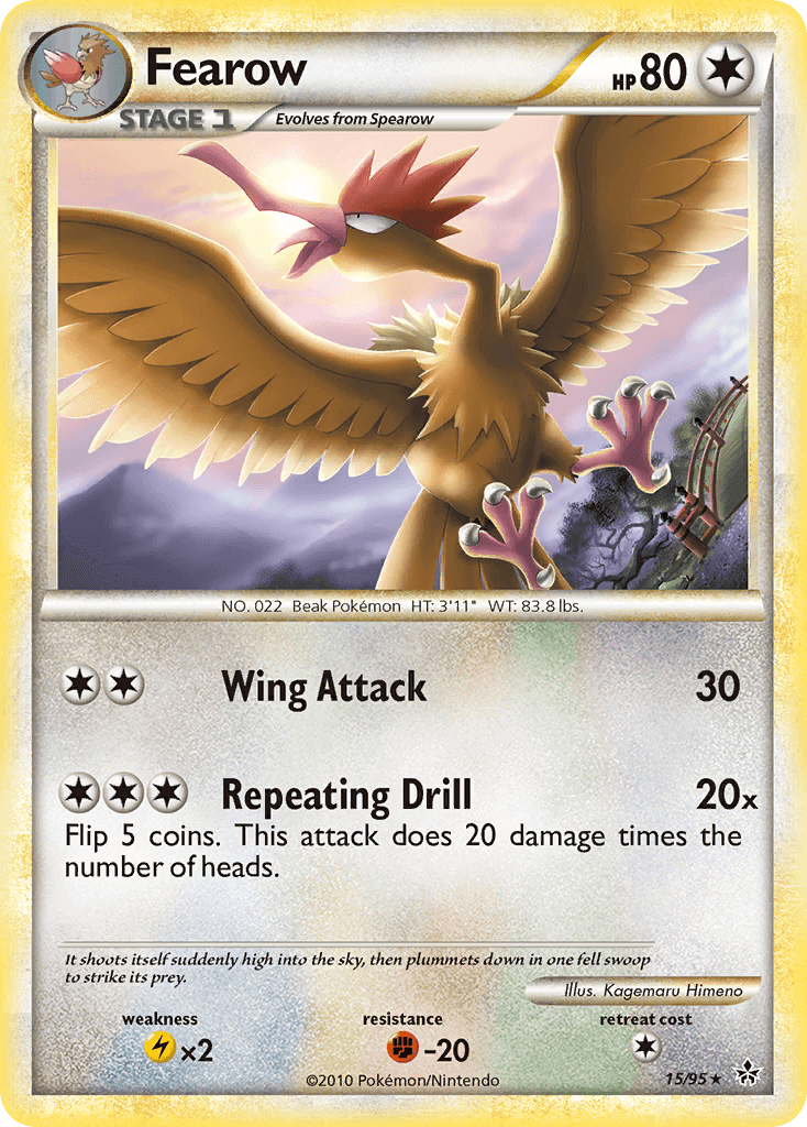 Fearow (15/95) [HeartGold & SoulSilver: Unleashed] card featuring Wing Attack and Repeating Drill attacks.