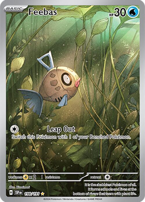 Feebas (198/191) [Scarlet & Violet: Surging Sparks] card featuring shiny rare water type Pokémon.