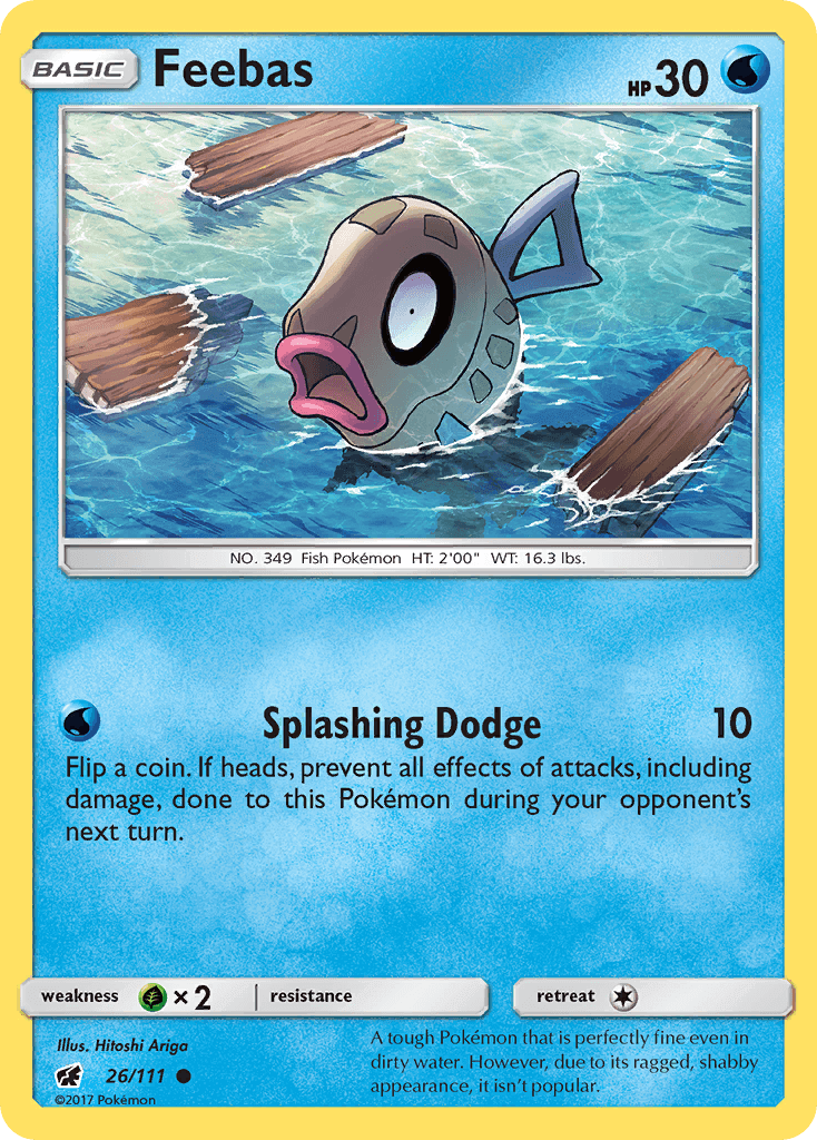 Feebas (26/111) [Sun & Moon: Crimson Invasion] card featuring the Water-type Pokémon Feebas swimming.
