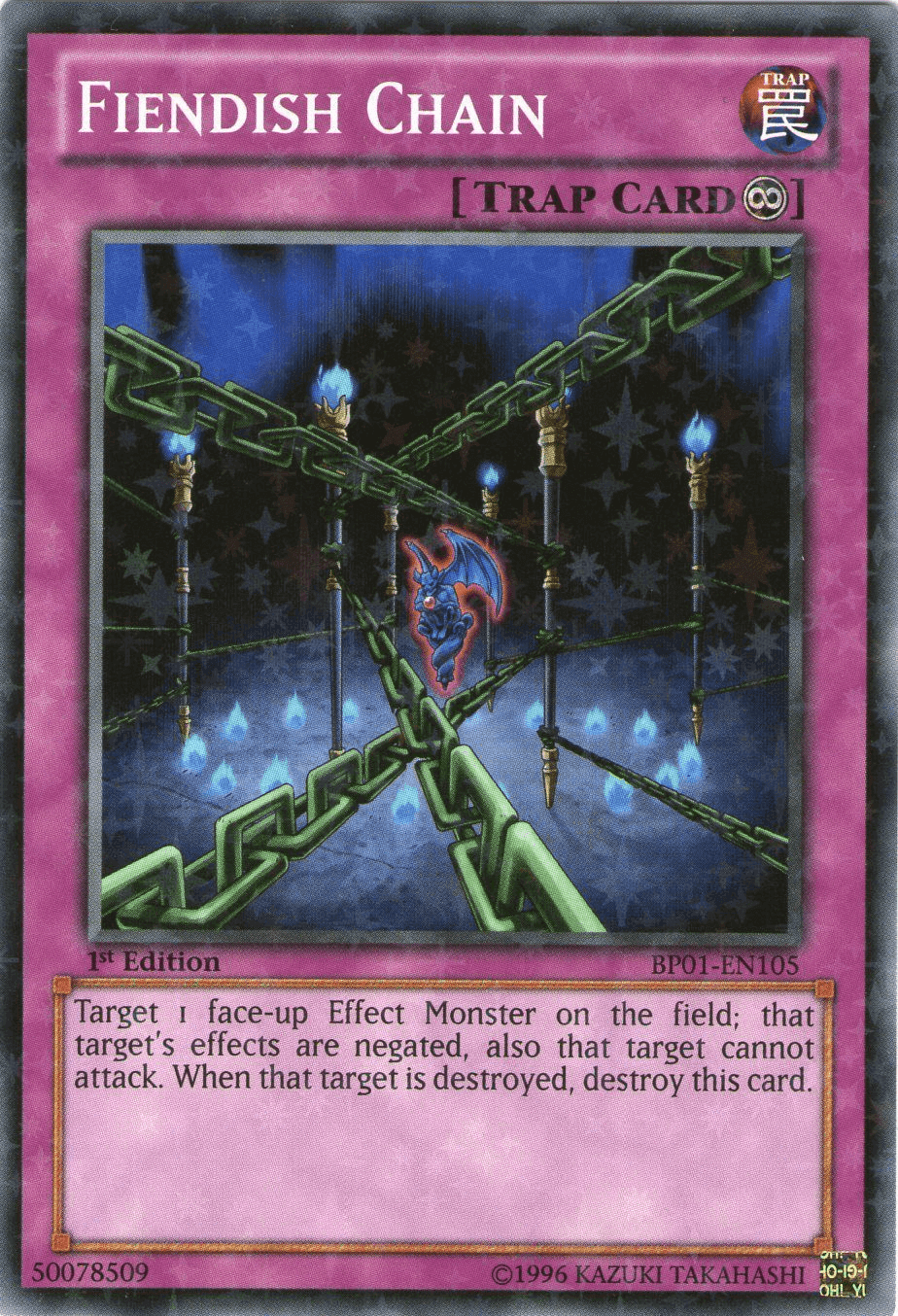 Fiendish Chain [BP01-EN105] Starfoil Rare card featuring a continuous trap with monster effect negation.