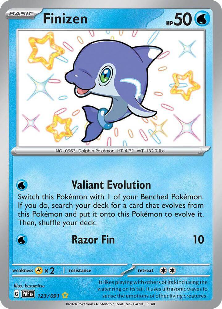 Finizen (123/091) [Scarlet & Violet: Paldean Fates] card depicting a shiny rare Water-type Pokémon.