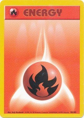 Fire Energy (98/102) [Base Set Unlimited] card featuring a flame symbol with red and yellow design.