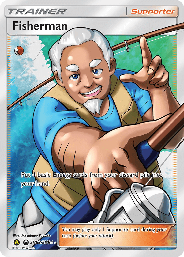Fisherman (SV83/SV94) [Sun & Moon: Hidden Fates - Shiny Vault] Trainer card illustration featuring a cheerful fisherman.