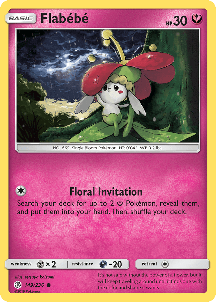 Flabebe (149/236) [Sun & Moon: Cosmic Eclipse] trading card featuring Floral Invitation ability.