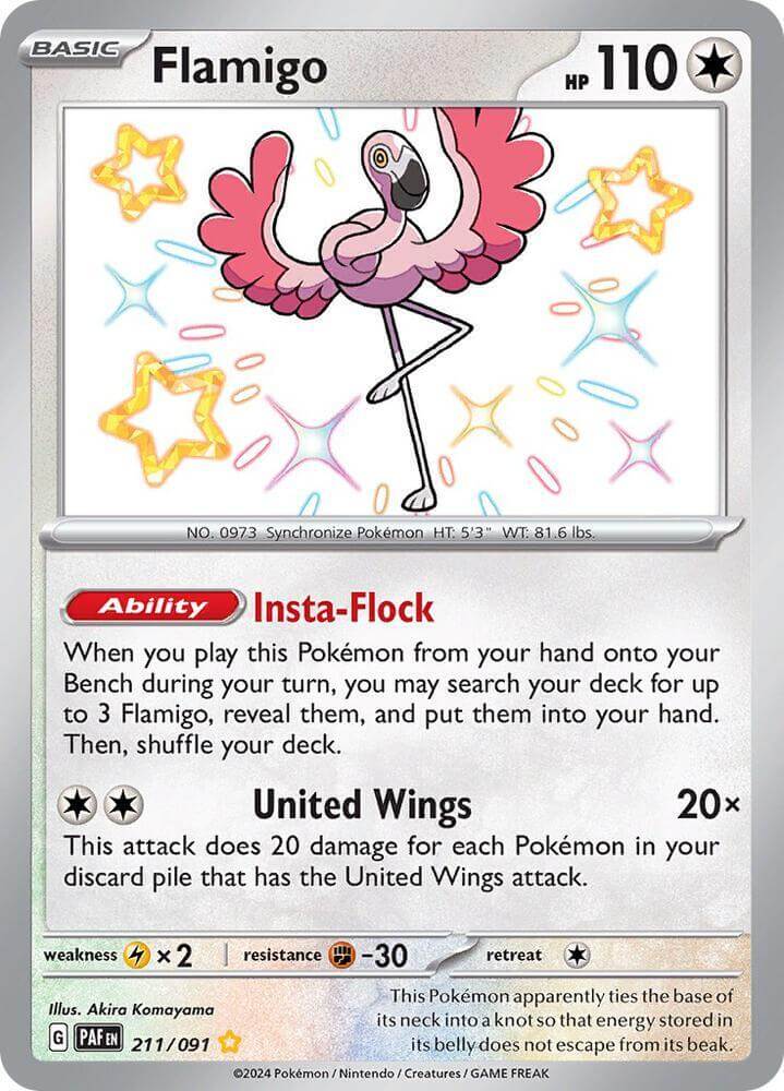 Flamigo (211/091) [Scarlet & Violet: Paldean Fates] trading card showing abilities and stats.