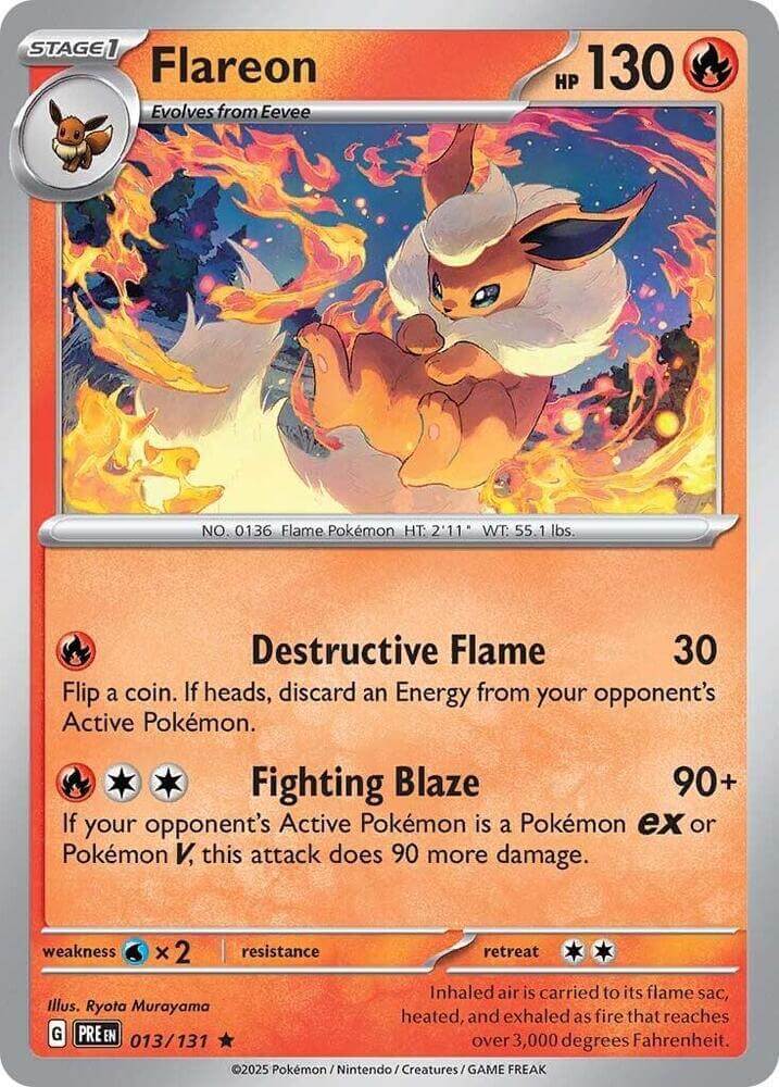 Flareon (013/131) [Scarlet & Violet: Prismatic Evolutions] card featuring HP and attack details.