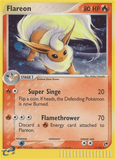 Flareon (5/100) [EX: Sandstorm] card featuring art and stats, showcasing its Fire type traits and abilities.