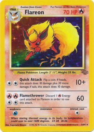 Flareon (3/64) [Jungle Unlimited] holographic card showcasing its Fire type abilities and retreat cost.