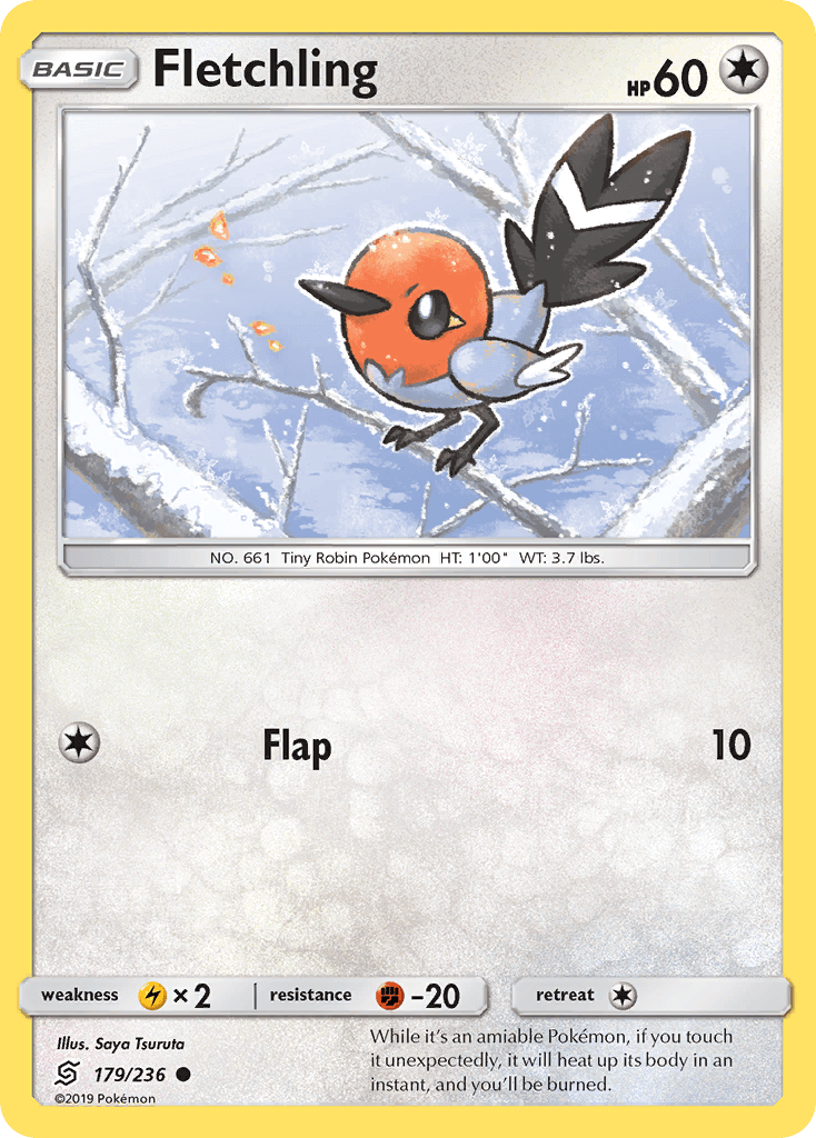 Fletchling (179/236) [Sun & Moon: Unified Minds] card displaying artwork of the Tiny Robin Pokémon in a snowy background.