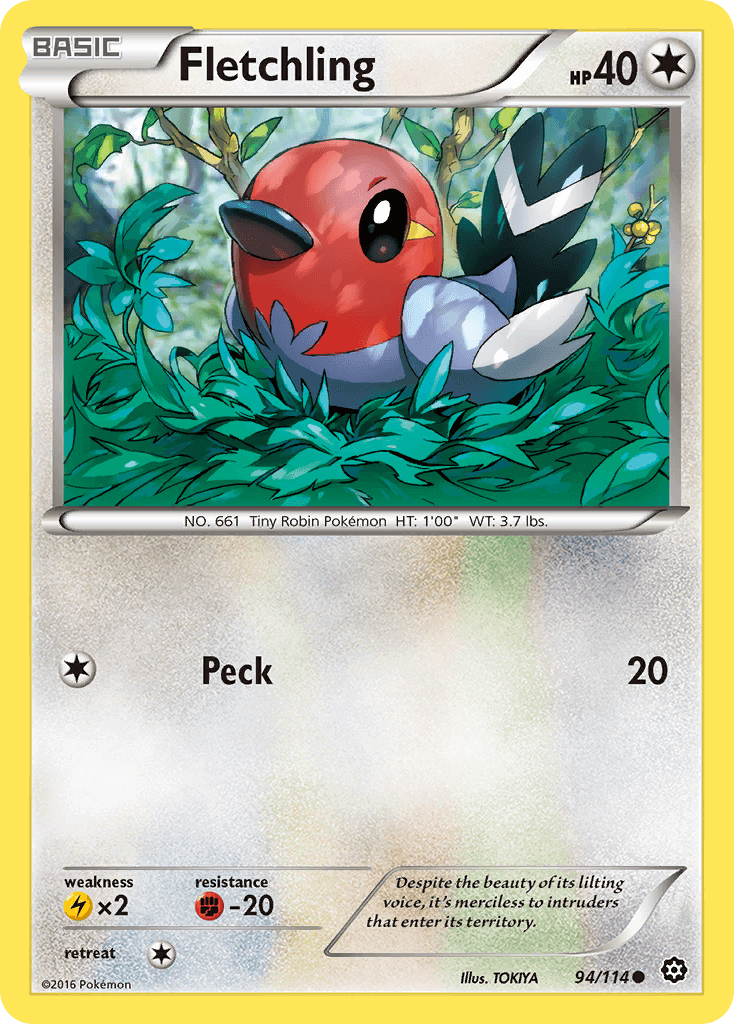 Fletchling (94/114) [XY: Steam Siege] card featuring the tiny robin Pokémon in a lush green environment.