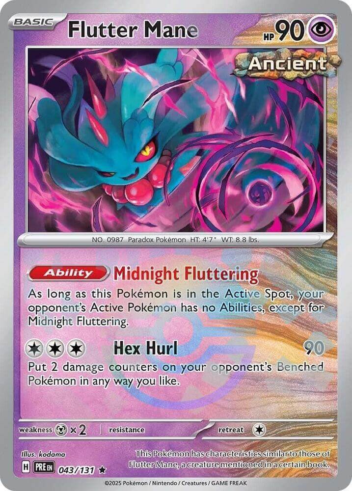 Flutter Mane (043/131) (Poke Ball Pattern) [Scarlet & Violet: Prismatic Evolutions] card featuring Psychic type and rare attributes.