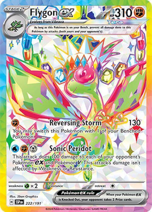 Flygon ex (222/191) [Scarlet & Violet: Surging Sparks] showcasing abilities Reversing Storm and Sonic Peridot.