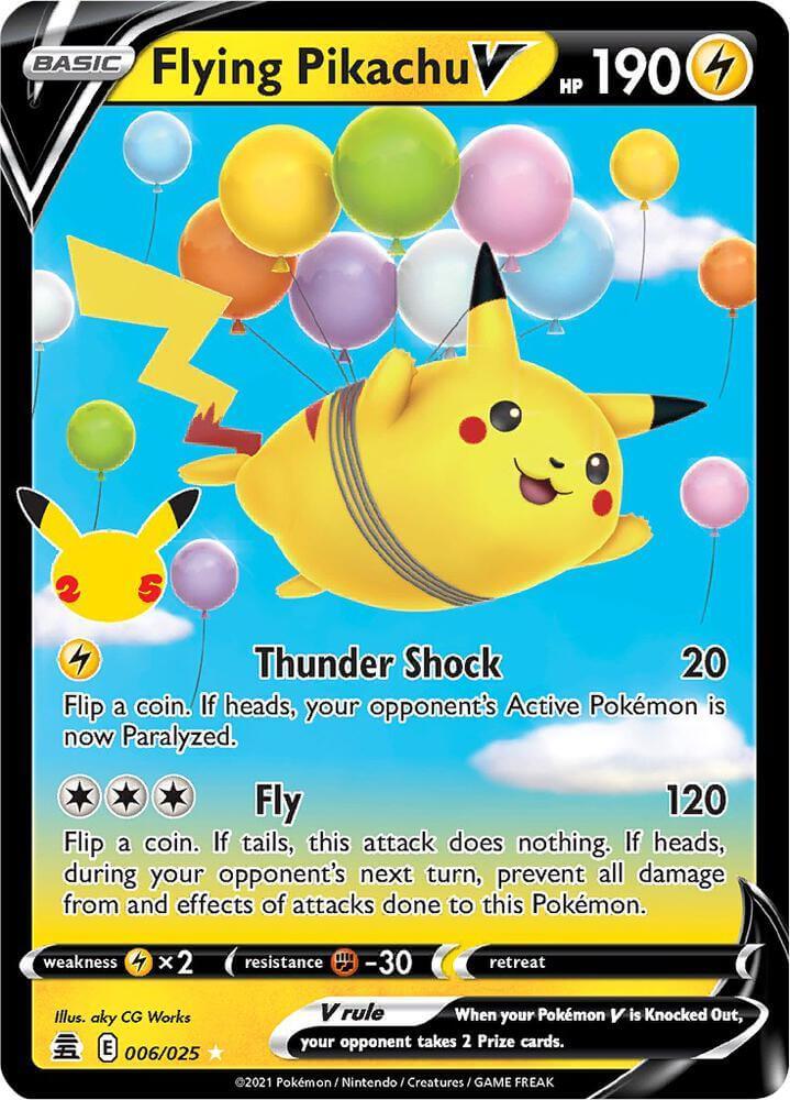 Flying Pikachu V (006/025) [Celebrations: 25th Anniversary] card showcasing its Thunder Shock and Fly moves.