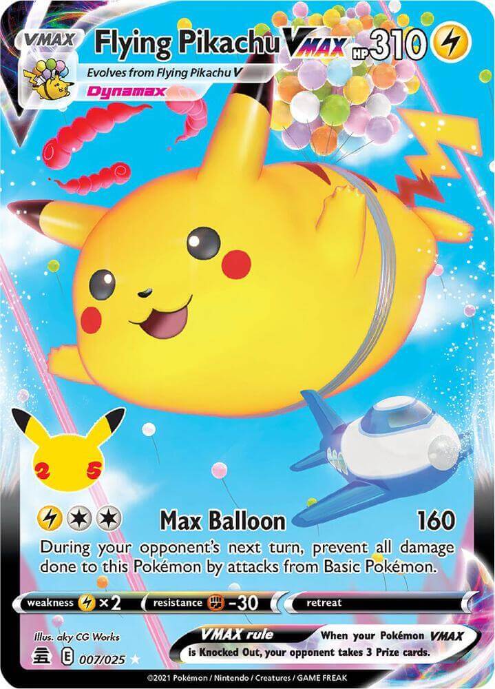 Flying Pikachu VMAX (007/025) [Celebrations: 25th Anniversary] card showcasing its Max Balloon attack.