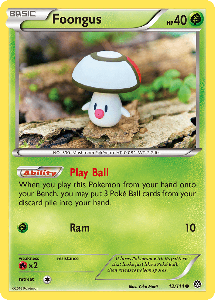 Foongus (12/114) [XY: Steam Siege] card featuring Play Ball ability and 10 damage in a green design.