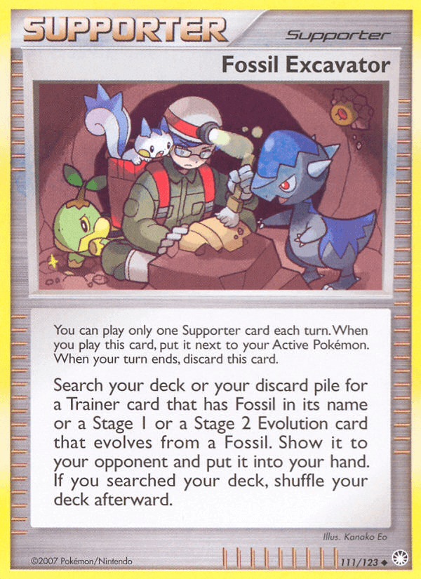 Fossil Excavator (111/123) [Diamond & Pearl: Mysterious Treasures] Supporter card image featuring characters and gameplay instructions.