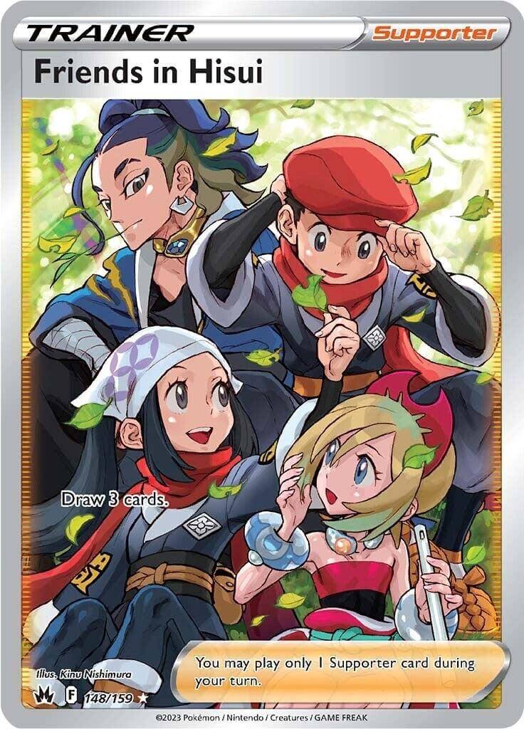 Friends in Hisui (148/159) (Full Art) [Sword & Shield: Crown Zenith] card featuring four characters.