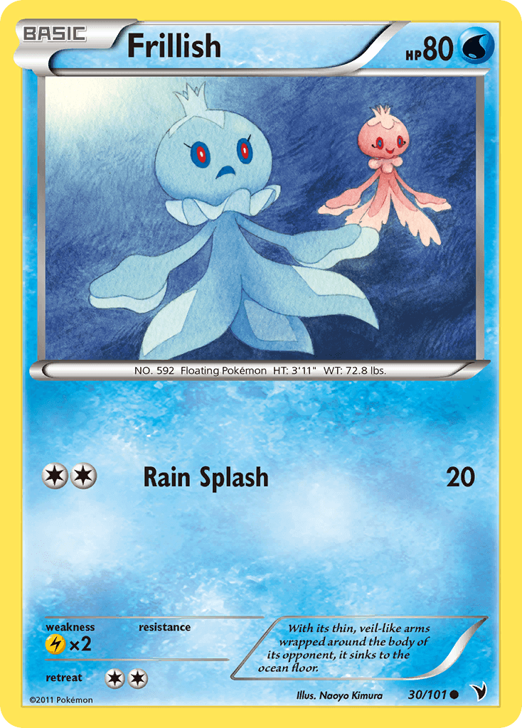 Frillish (30/101) [Black & White: Noble Victories] card with water type design and retreat cost.