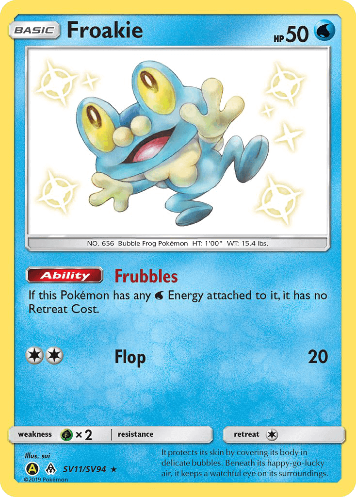 Froakie (SV11/SV94) [Sun & Moon: Hidden Fates - Shiny Vault] featuring its ability Frubbles and water type characteristics.