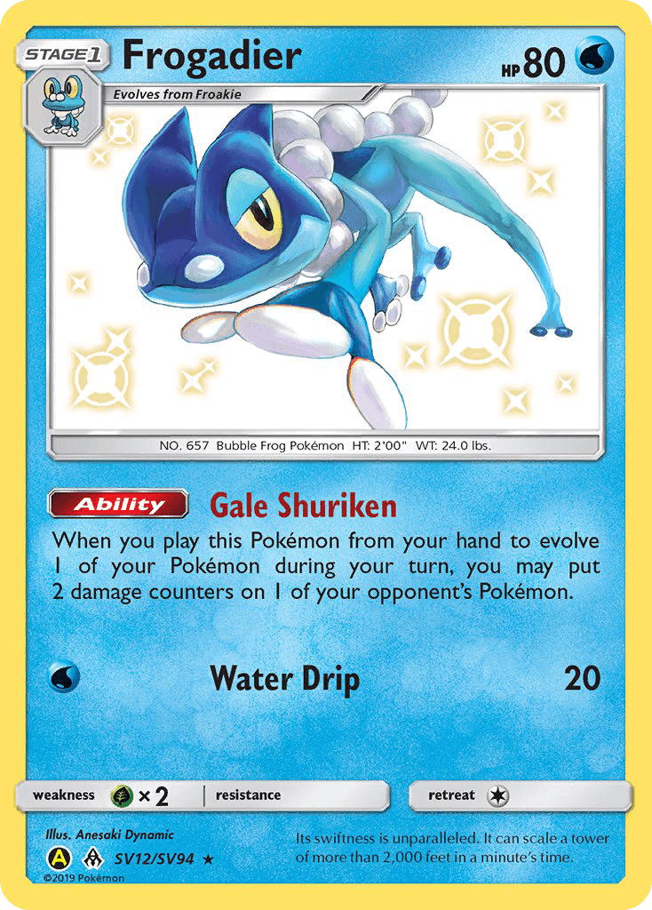 Frogadier (SV12/SV94) [Sun & Moon: Hidden Fates - Shiny Vault] card featuring its Gale Shuriken ability and Water type.