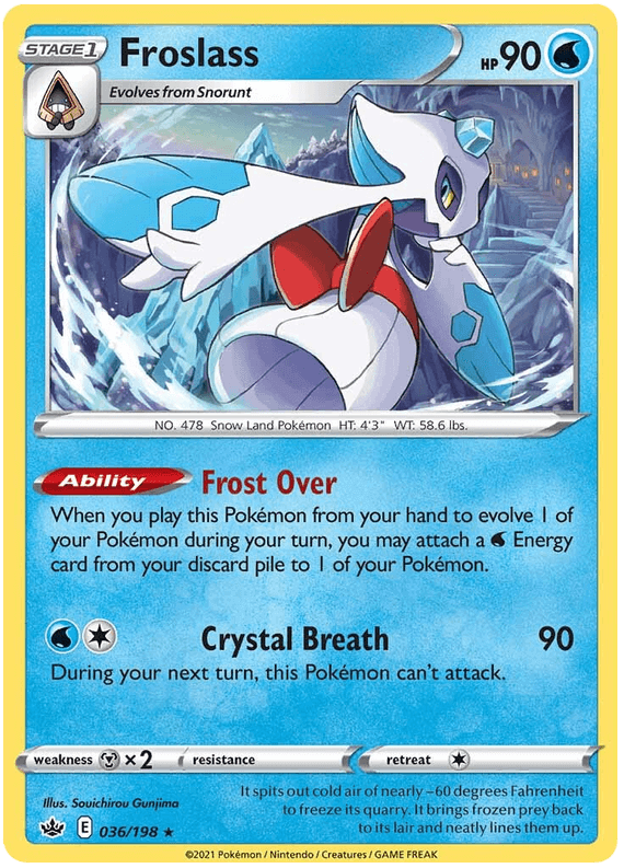 Froslass (036/198) [Sword & Shield: Chilling Reign] Holo Rare card features Water type and retreat cost details.