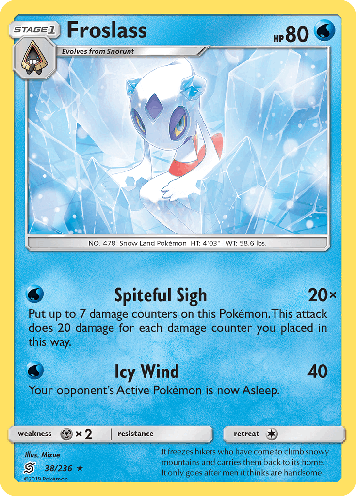 Froslass (38/236) [Sun & Moon: Unified Minds] card showcasing its abilities, HP, and aesthetics.