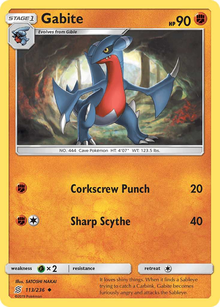 Gabite (113/236) [Sun & Moon: Unified Minds] Pokémon card featuring Corkscrew Punch and Sharp Scythe attacks.