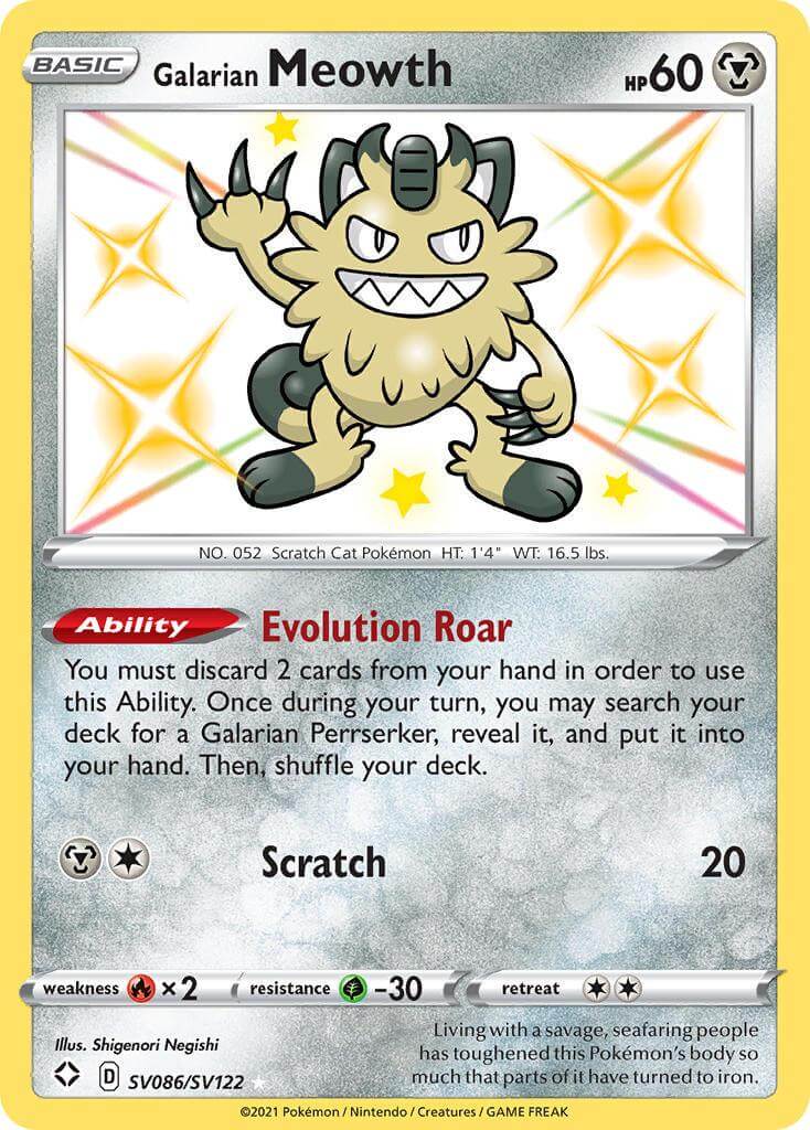 Galarian Meowth (SV086/SV122) [Sword & Shield: Shining Fates] card showcasing its Evolution Roar ability and Ultra Rare status.